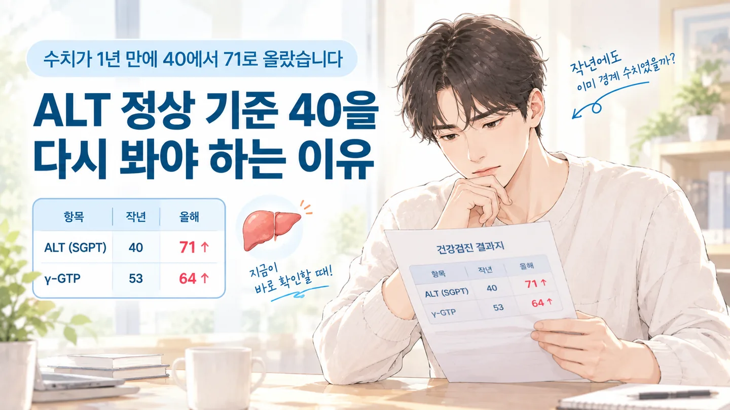작년 ALT 40에서 올해 71, γ-GTP 53에서 64로 오른 건강검진 결과지를 들여다보는 40대 남성