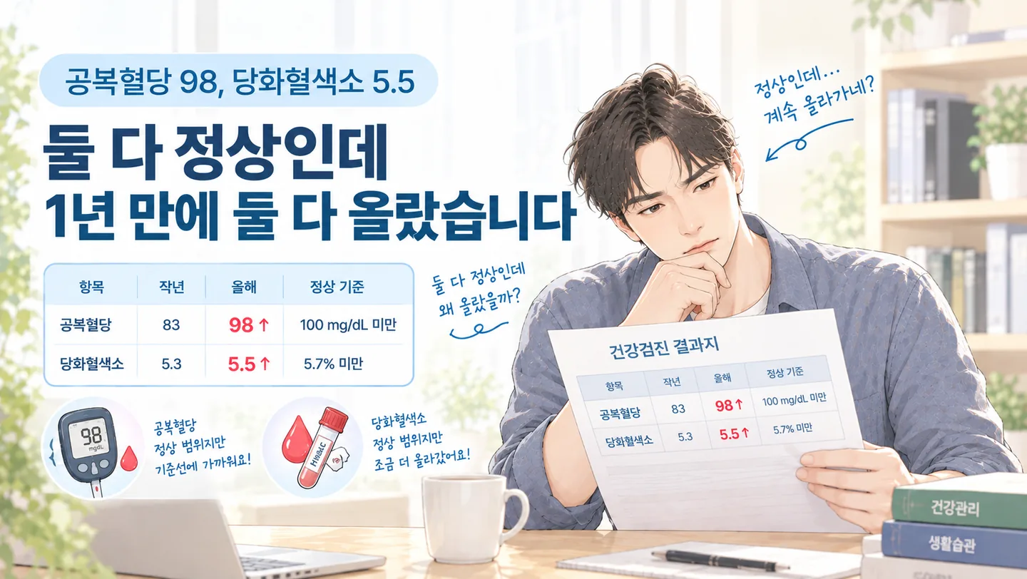 공복혈당 98, 당화혈색소 5.5가 적힌 건강검진 결과지를 작년 것과 나란히 놓고 비교하는 모습