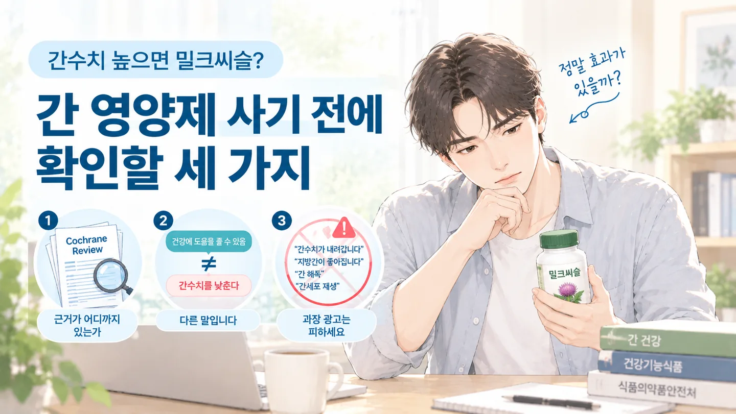 밀크씨슬 영양제 통을 들고 살지 말지 고민하는 40대 남성과 확인할 세 가지 항목