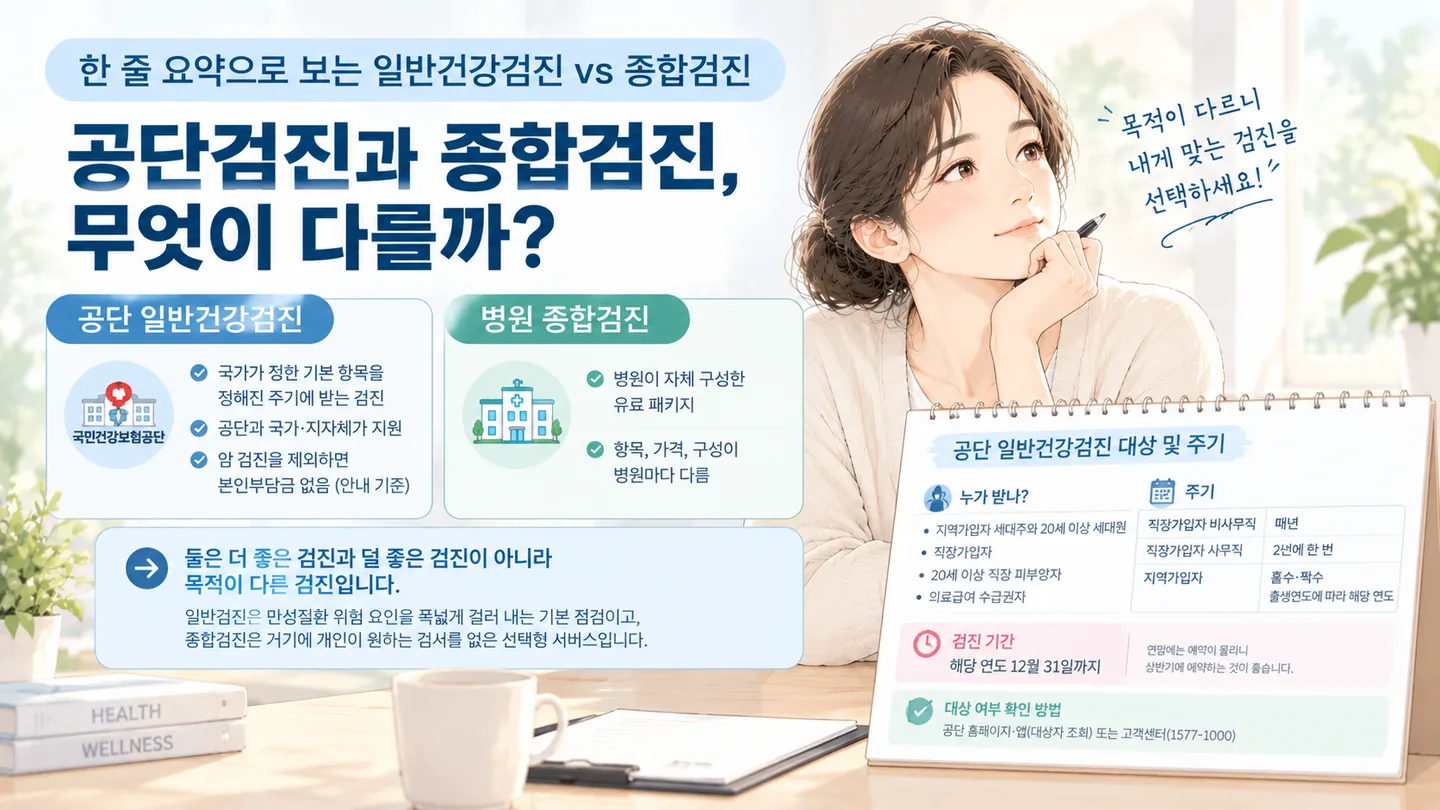 공단 일반건강검진과 병원 종합검진의 차이를 정리한 그림. 공단검진은 국가가 정한 기본 항목을 정해진 주기에 받고 암 검진을 빼면 본인부담금이 없으며, 종합검진은 병원이 자체 구성한 유료 패키지라 항목과 가격이 병원마다 다릅니다. 옆에는 대상과 주기, 검진 기간을 정리한 표가 있습니다.