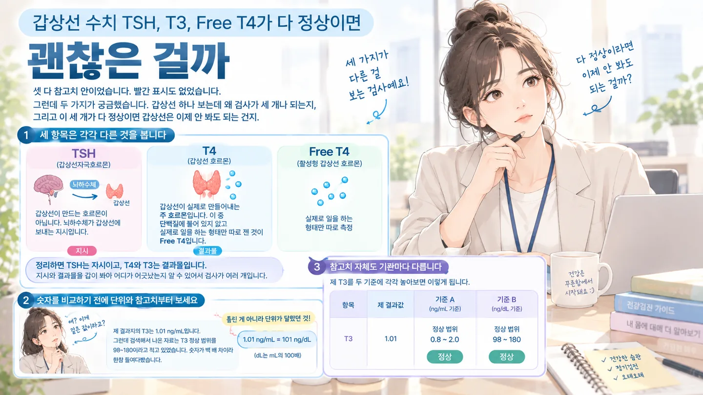 TSH, T3, Free T4가 나란히 적힌 건강검진 결과지의 갑상선 항목을 들여다보는 모습