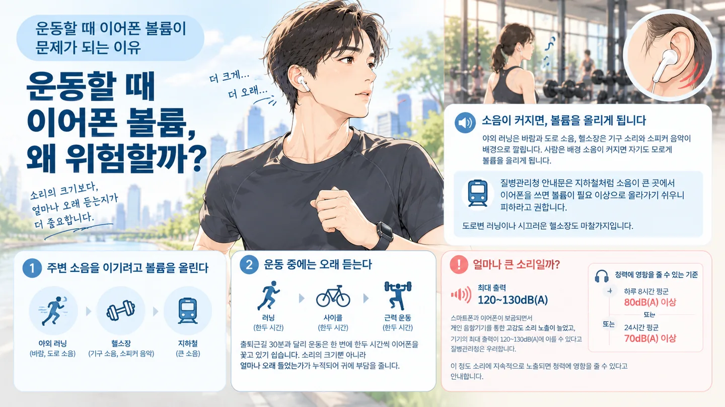 운동할 때 이어폰 볼륨이 문제가 되는 이유를 정리한 그림. 야외 러닝·헬스장·지하철처럼 주변 소음이 큰 곳에서는 볼륨을 올리게 되고, 운동 중에는 한두 시간씩 길게 듣게 됩니다. 이어폰 최대 출력은 120~130dB(A)이고, 하루 8시간 평균 80dB(A) 이상이면 청력에 영향을 줄 수 있습니다.