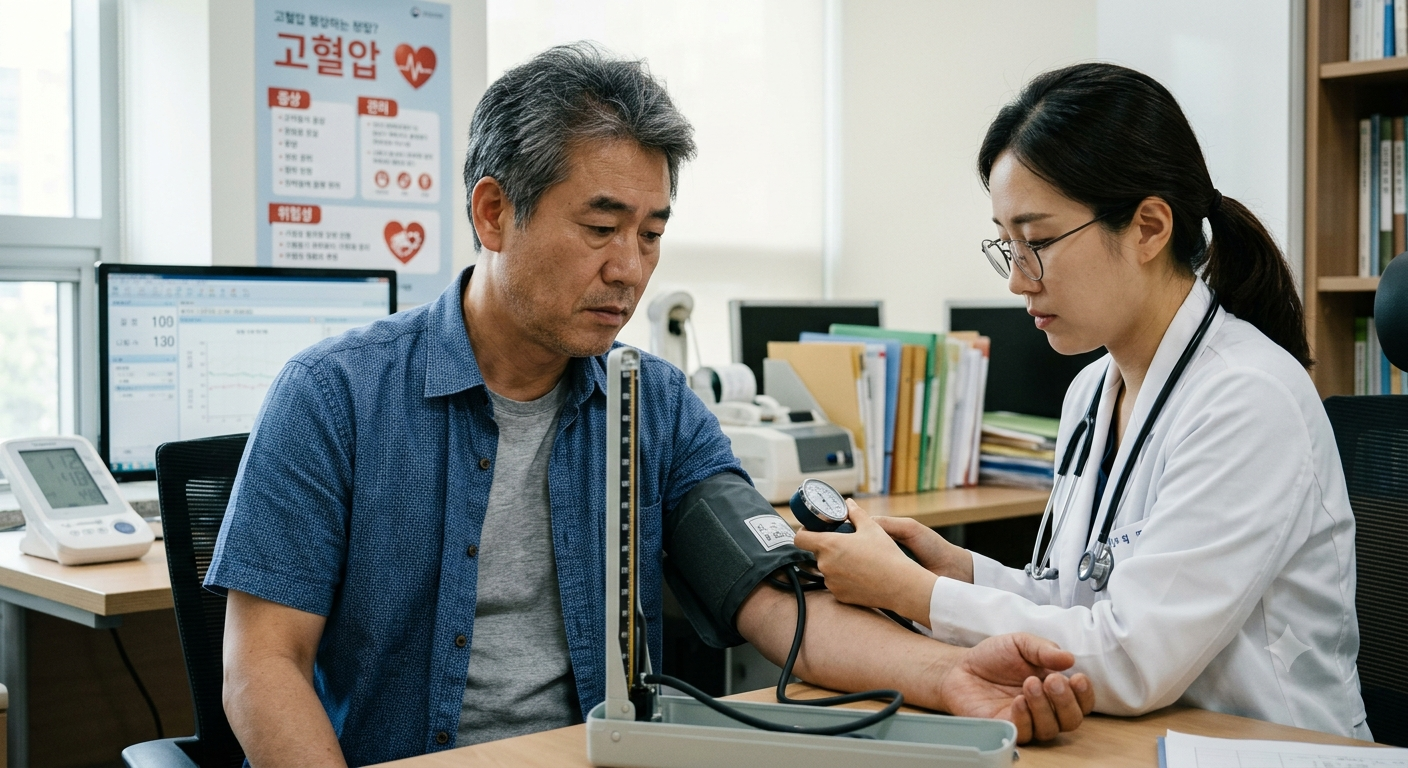 진료실에서 수동 혈압계로 혈압을 재는 모습