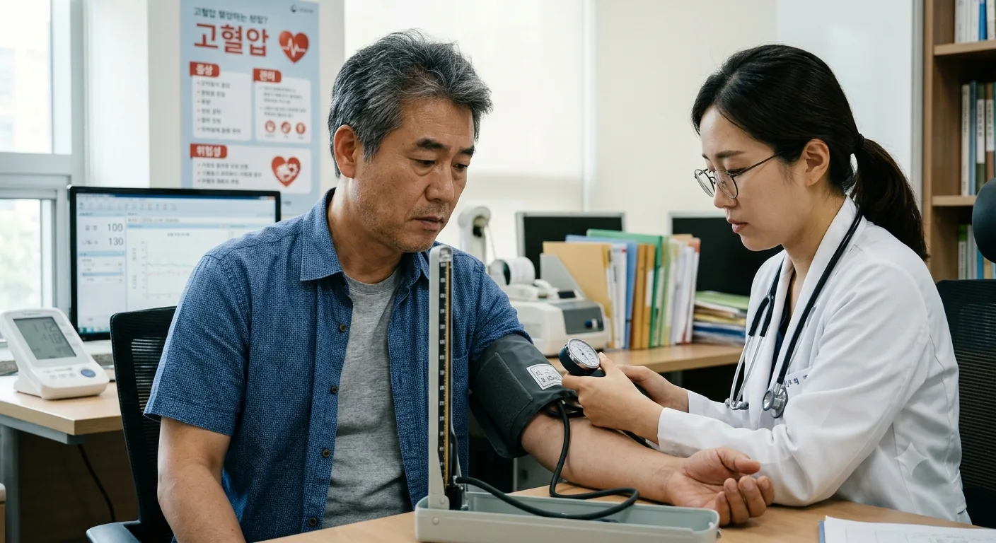 진료실에서 수동 혈압계로 혈압을 재는 모습