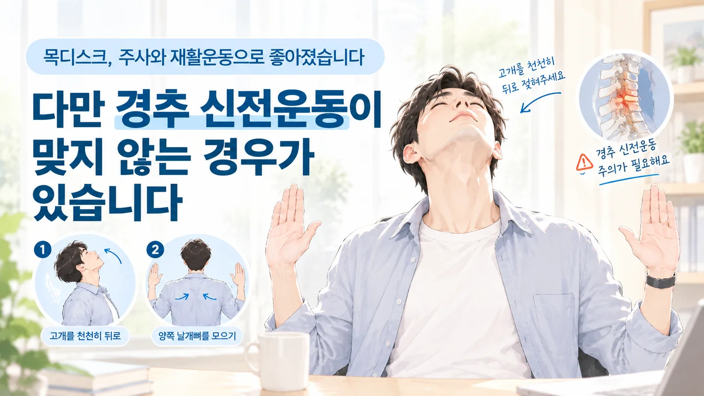의자에 앉아 고개를 천천히 뒤로 젖히고 양쪽 날개뼈를 모으는 경추 신전운동 두 동작과, 주의가 필요하다는 표시