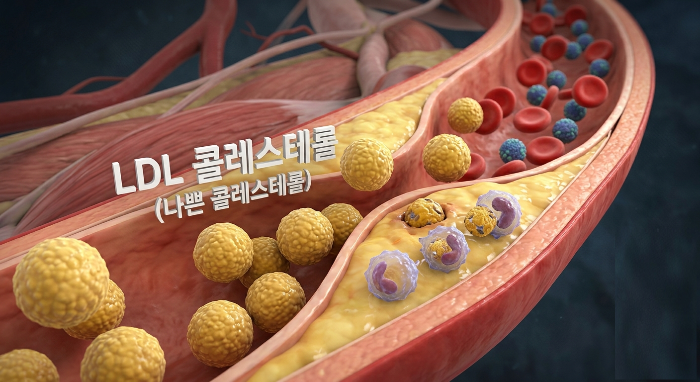 혈관 벽에 LDL 콜레스테롤이 쌓여 좁아진 동맥의 단면 그림