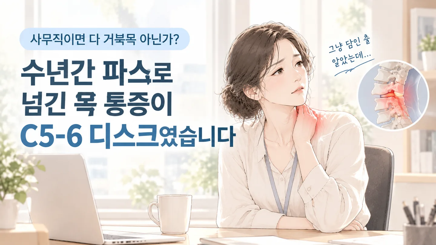 사무실 책상에 앉아 목 옆을 감싸 쥔 직장인과, 경추 5-6번 디스크가 신경을 누르는 부위를 붉게 표시한 그림