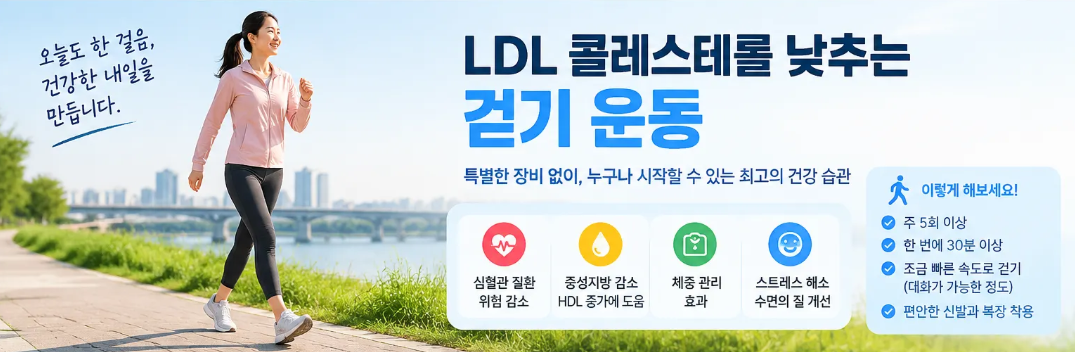 LDL 콜레스테롤 낮추는 걷기 운동 안내 그림. 주 5회 이상, 한 번에 30분 이상, 대화가 가능한 정도로 조금 빠르게 걷기를 권합니다.