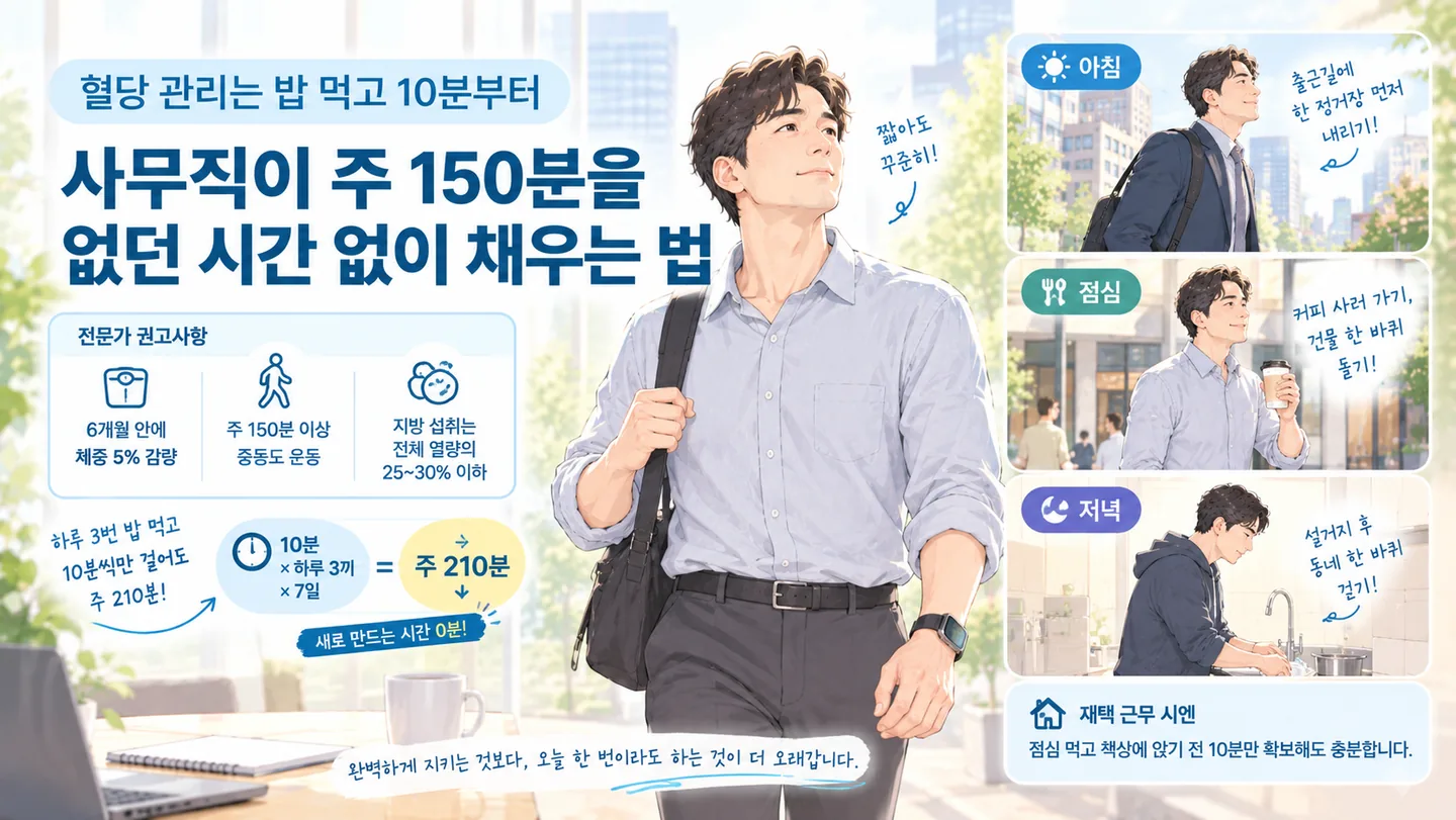 점심 식사 후 사무실 건물 주변을 걷는 직장인